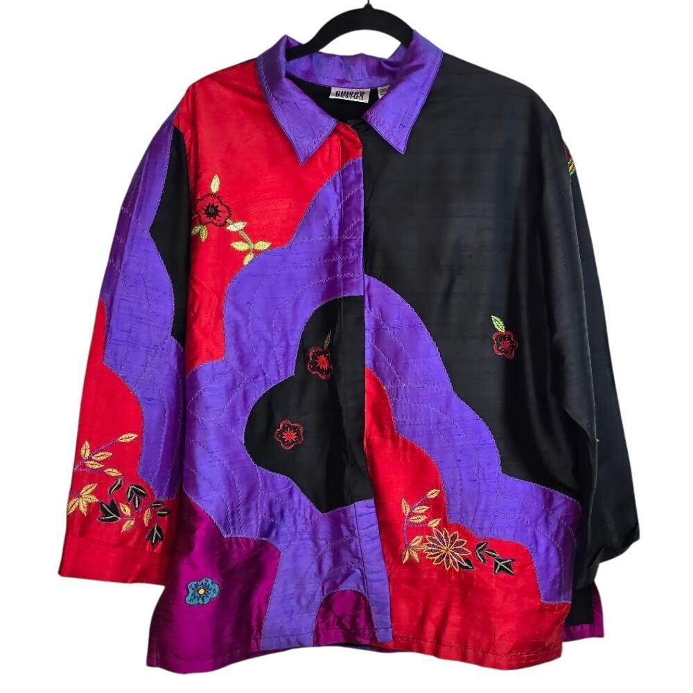 Vintage Chico's Design Silk Patchwork Jacket Embroidered Floral Button Up Size 3
